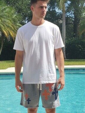 Gray Drawstring Board Style Shorts with Orange & Navy Cross Motif Design L
